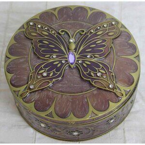 Butterfly Cloisonné Trinket Round Box Rhinestone Mirror Lid Shimmer Flower Ename
